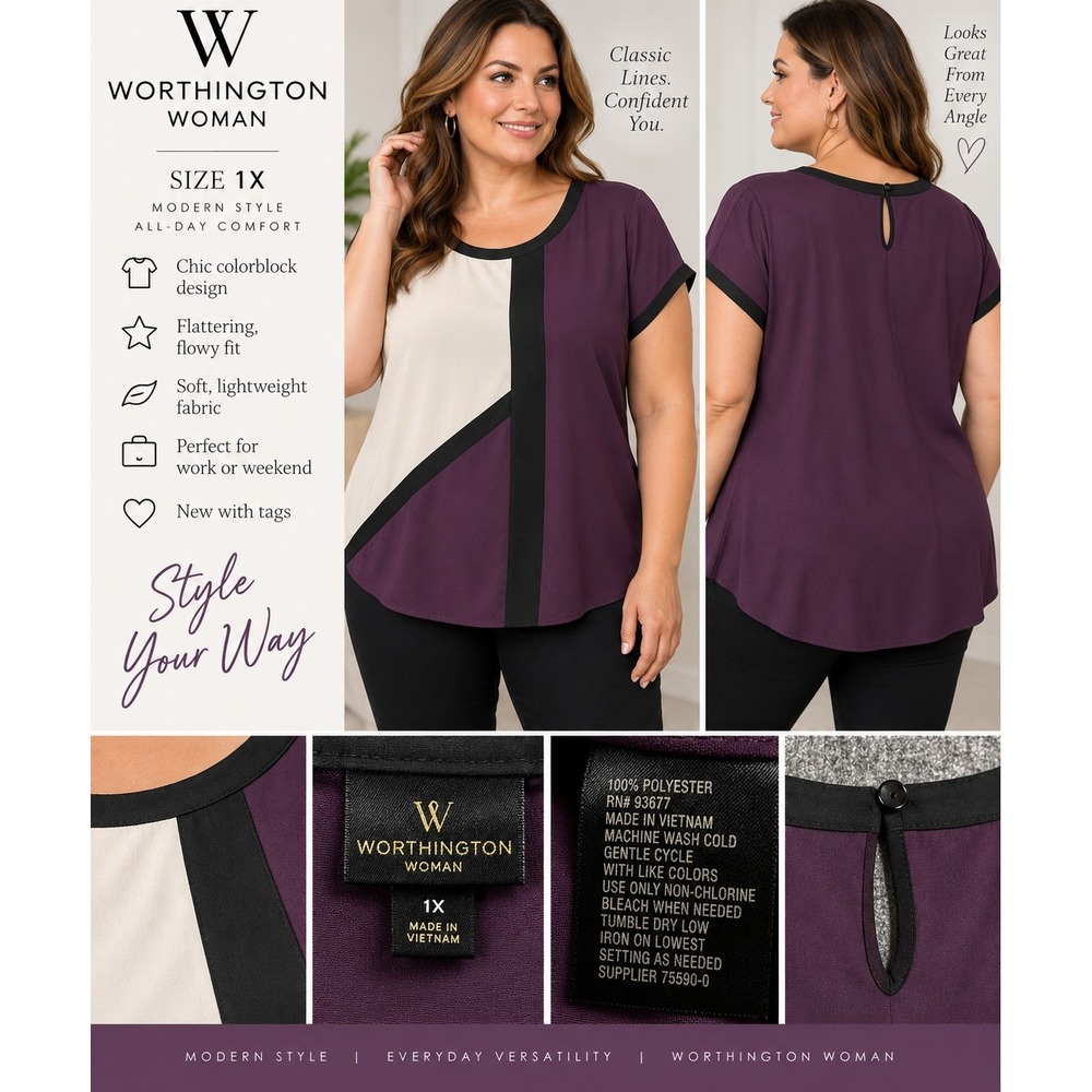 Worthington Woman 1X Colorblock Blouse Purple Cream Black Short Sleeve Keyhole